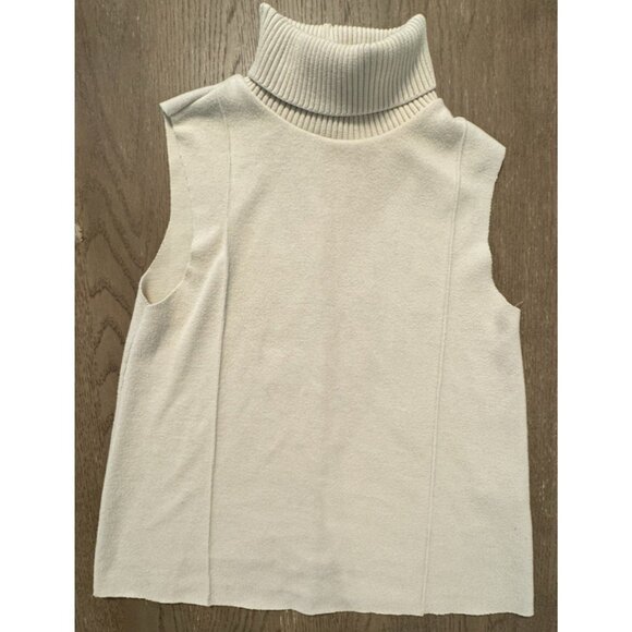 Zara Women Cream Beige Sleeveless Turtleneck Size Small Ribbed Raw Hem Chic Soft - Picture 3 of 12